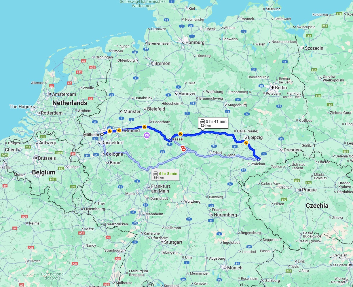 Anreise von Mülheim an der Ruhr Zu Chemnitz Über via A44 and A38