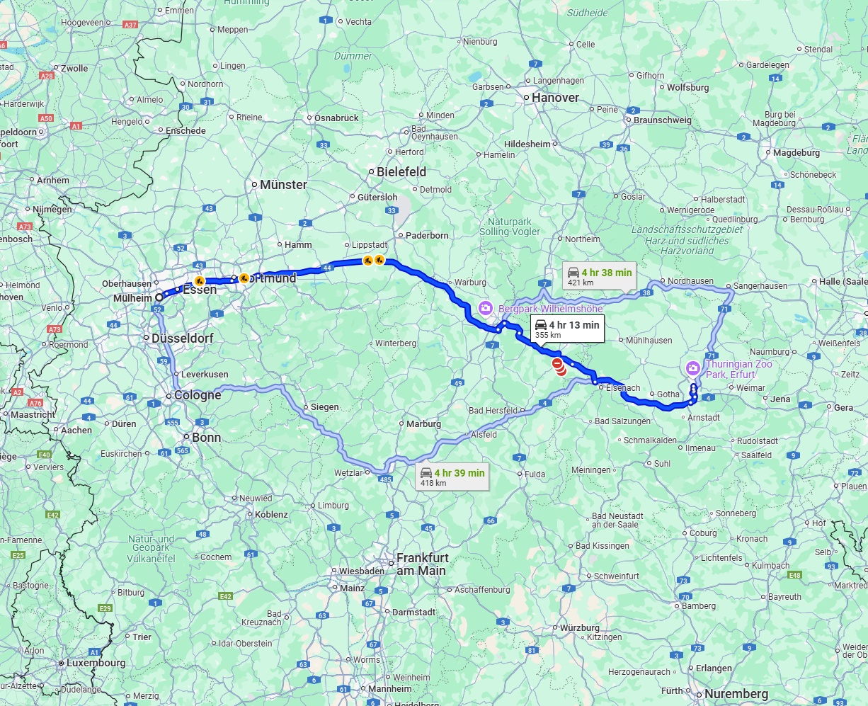 Anreise von Mülheim an der Ruhr Zu Erfurt Über via A44