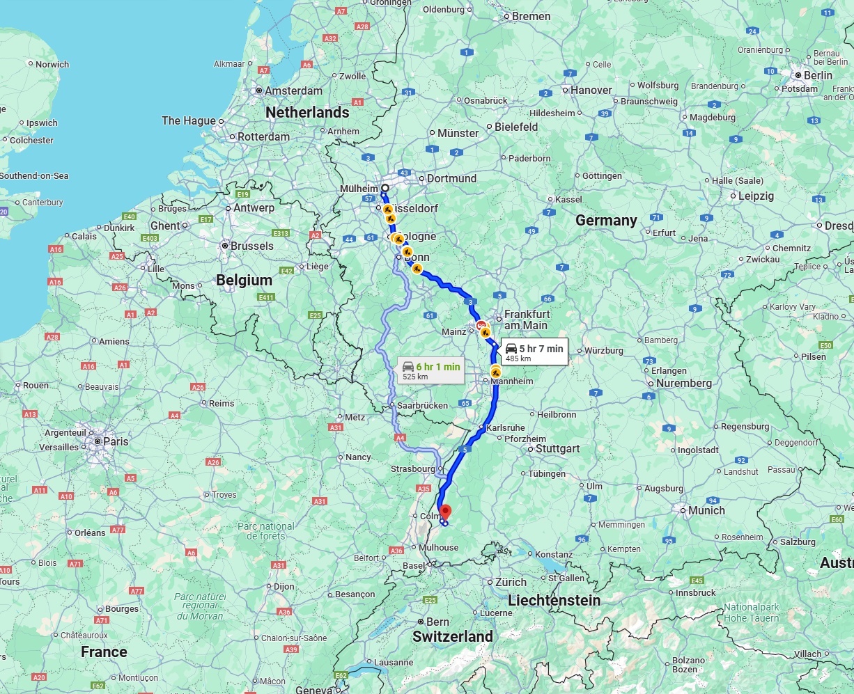 Anreise von Mülheim an der Ruhr Zu Freiburg im Breisgau Über via A3 and A5