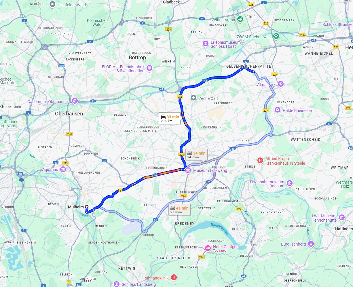 Anreise von Mülheim an der Ruhr Zu Gelsenkirchen Über via B224
