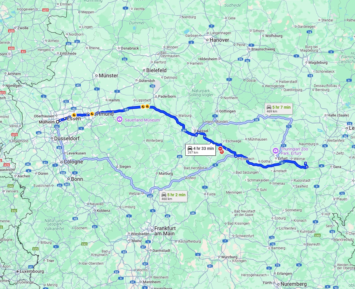 Anreise von Mülheim an der Ruhr Zu Jena Über via A44 and A4