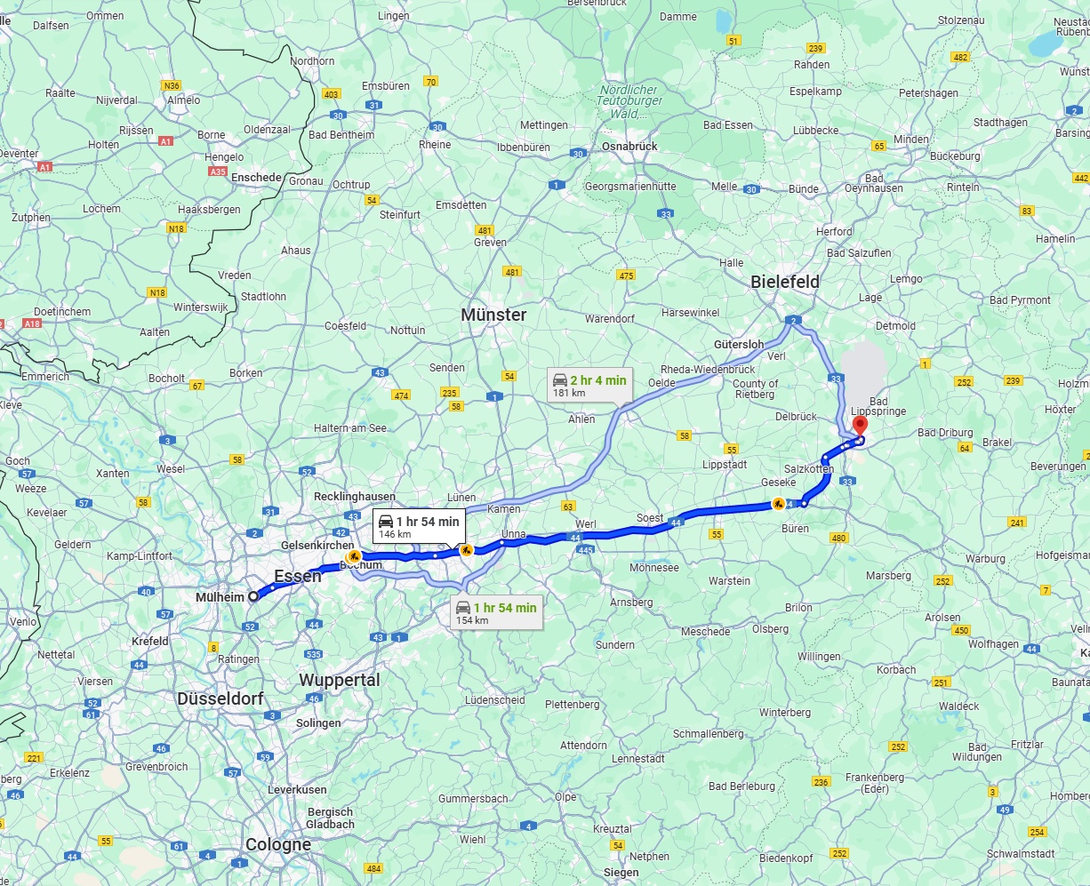 Anreise von Mülheim an der Ruhr Zu Paderborn Über via A40 and A44