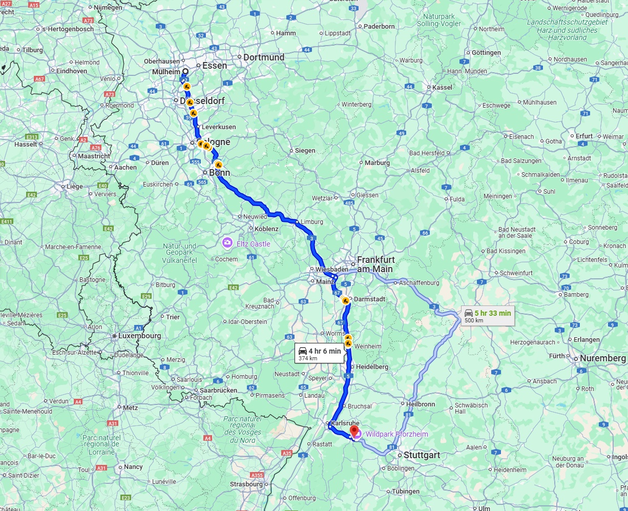Anreise von Mülheim an der Ruhr Zu Pforzheim Über via A3 and A5