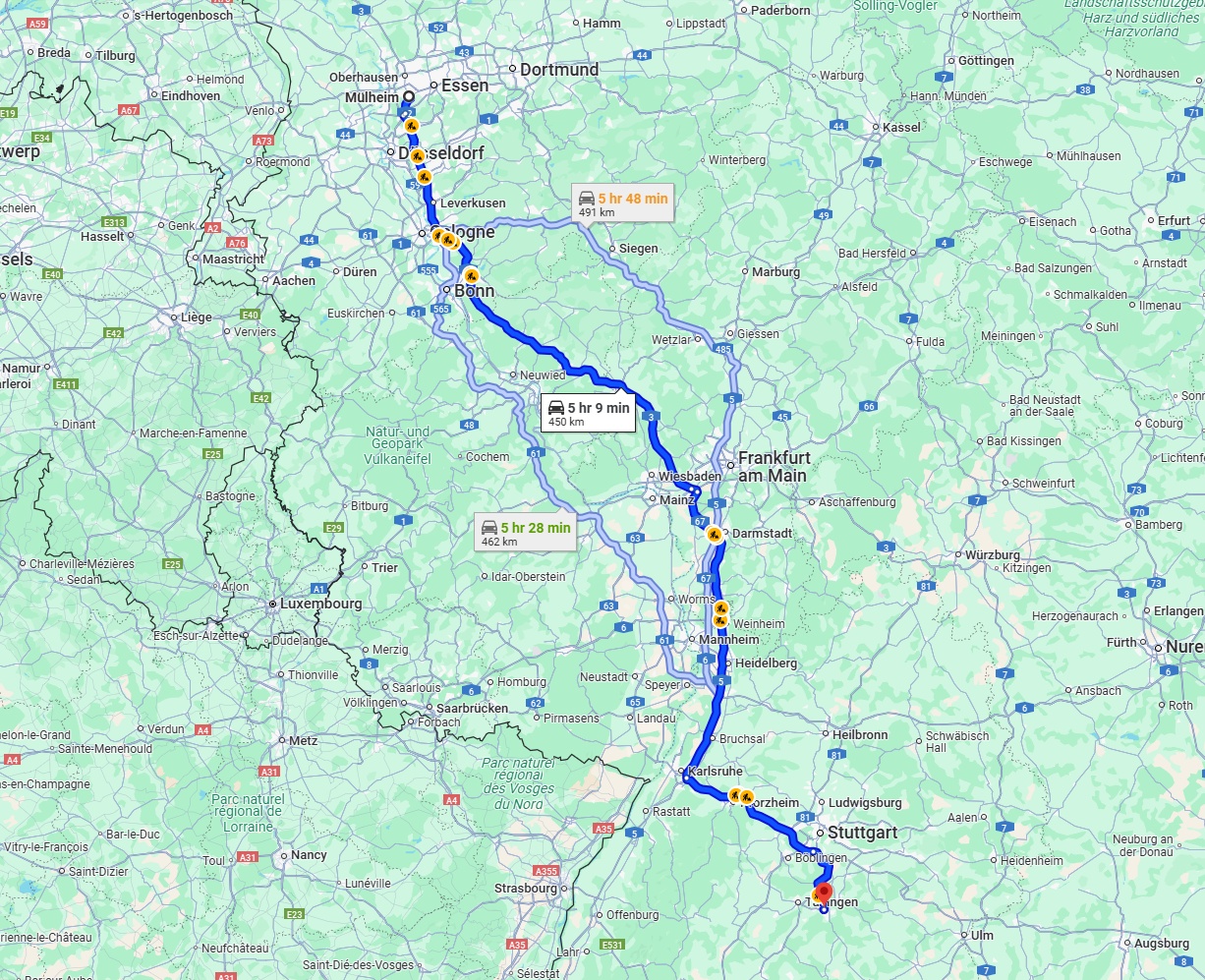 Anreise von Mülheim an der Ruhr Zu Reutlingen Über via A3