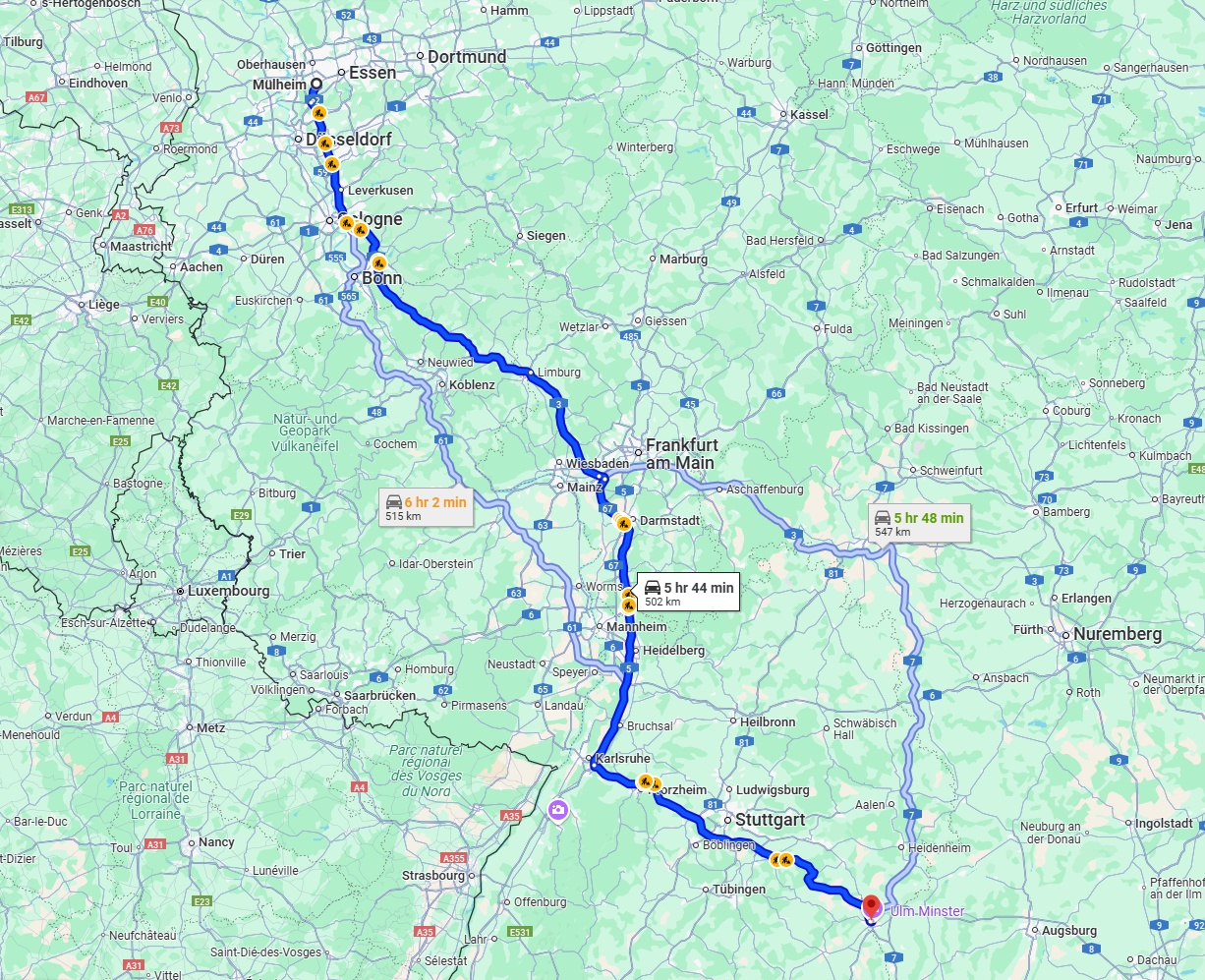 Anreise von Mülheim an der Ruhr Zu Ulm Über via A3 and A8