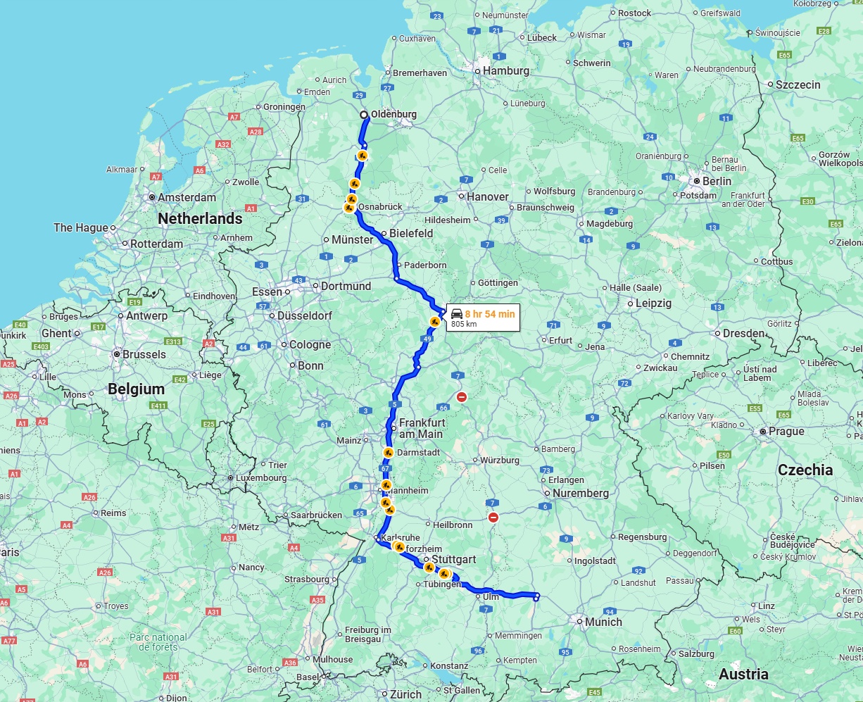 Anreise von Oldenburg Zu Augsburg Über via A8