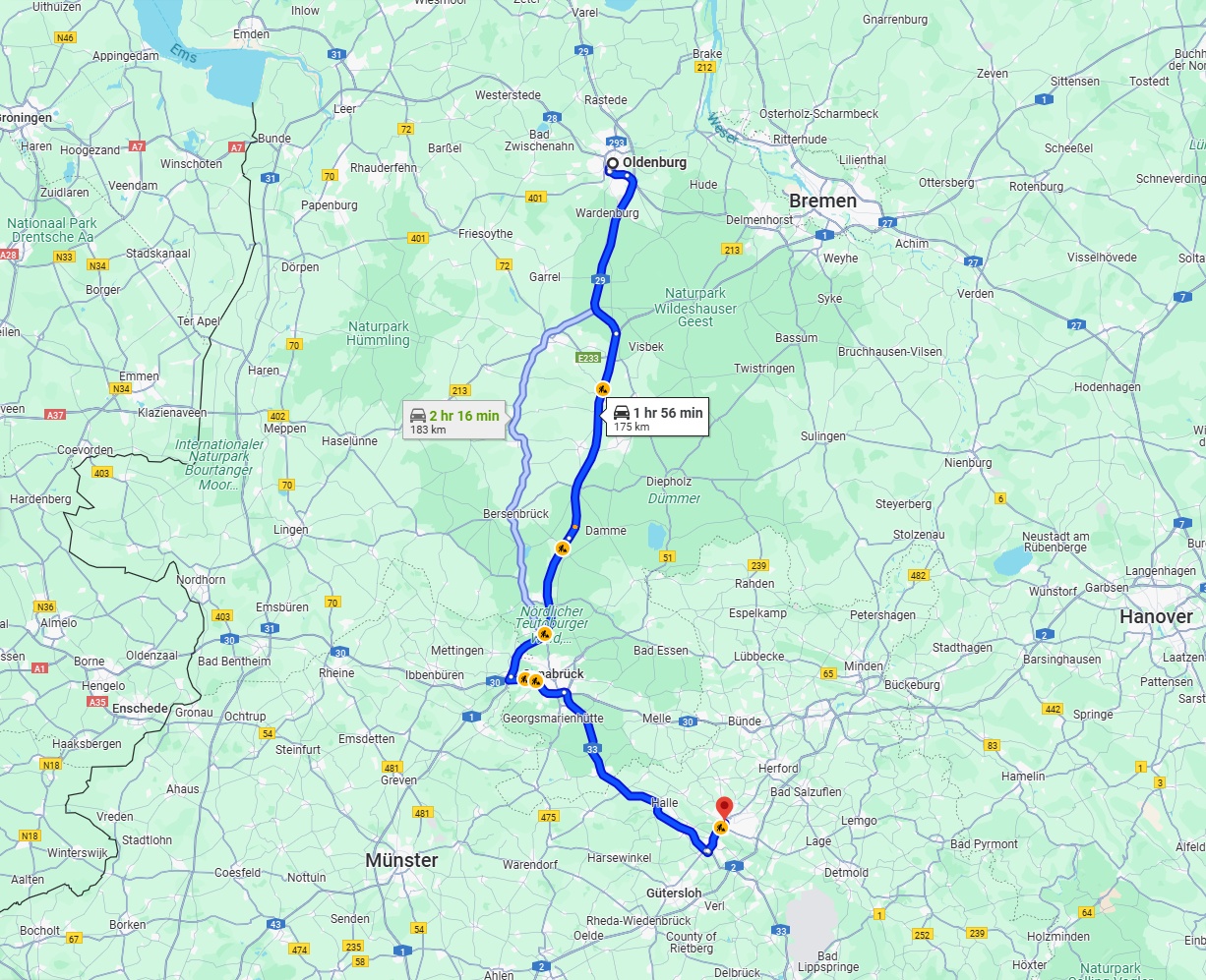 Anreise von Oldenburg Zu Bielefeld Über via A1 and A33