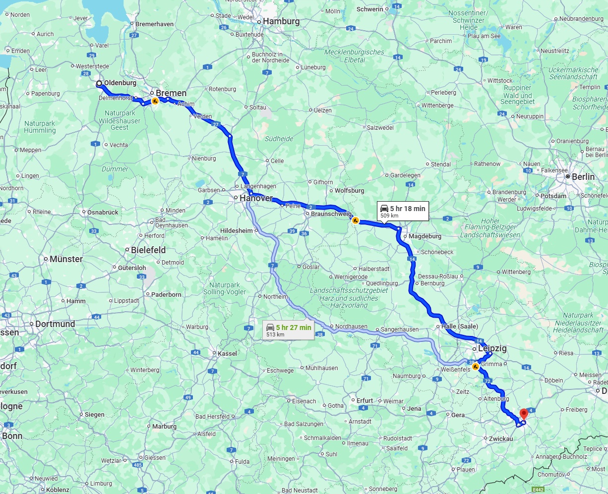 Anreise von Oldenburg Zu Chemnitz Über via A14