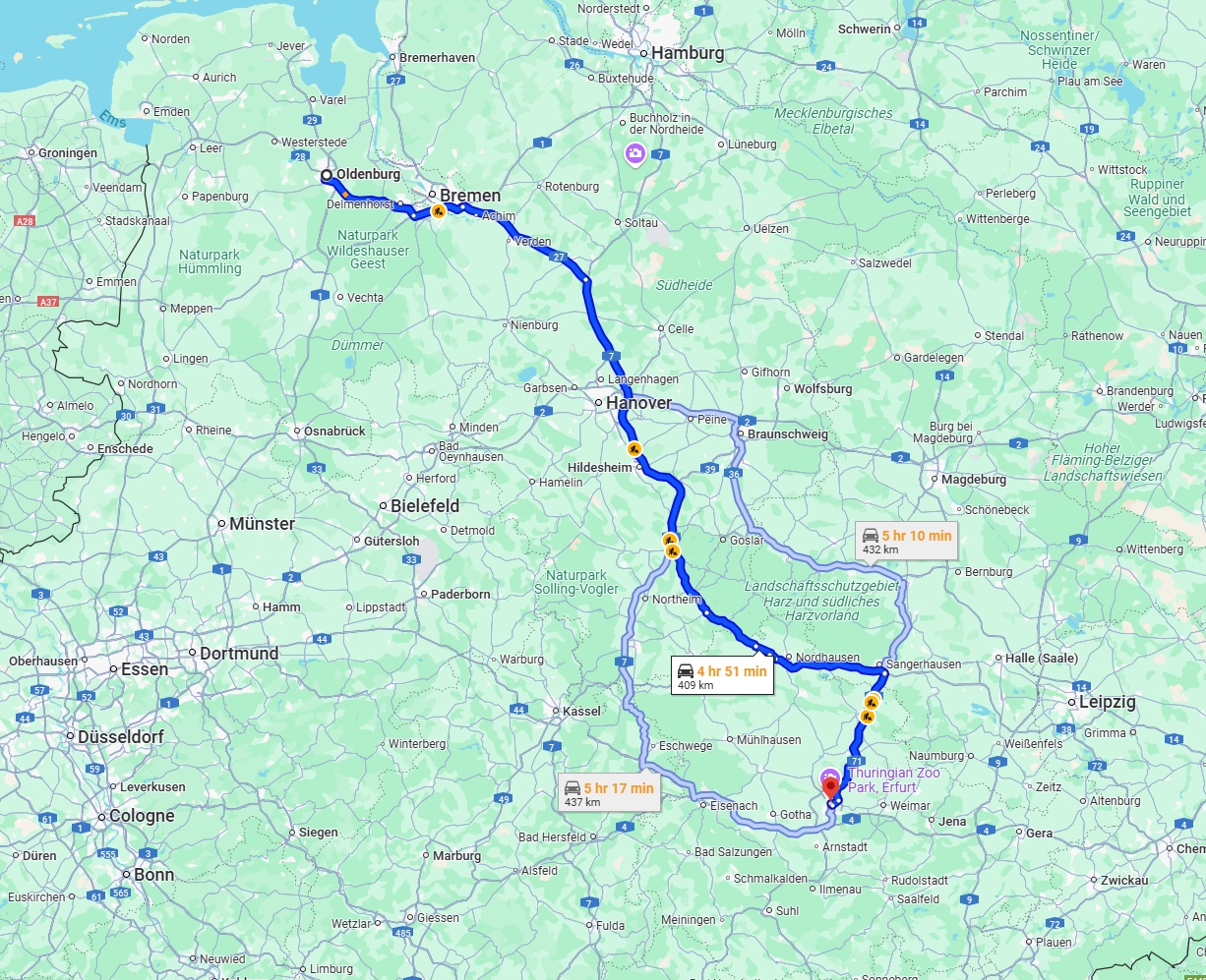Anreise von Oldenburg Zu Erfurt Über via A7