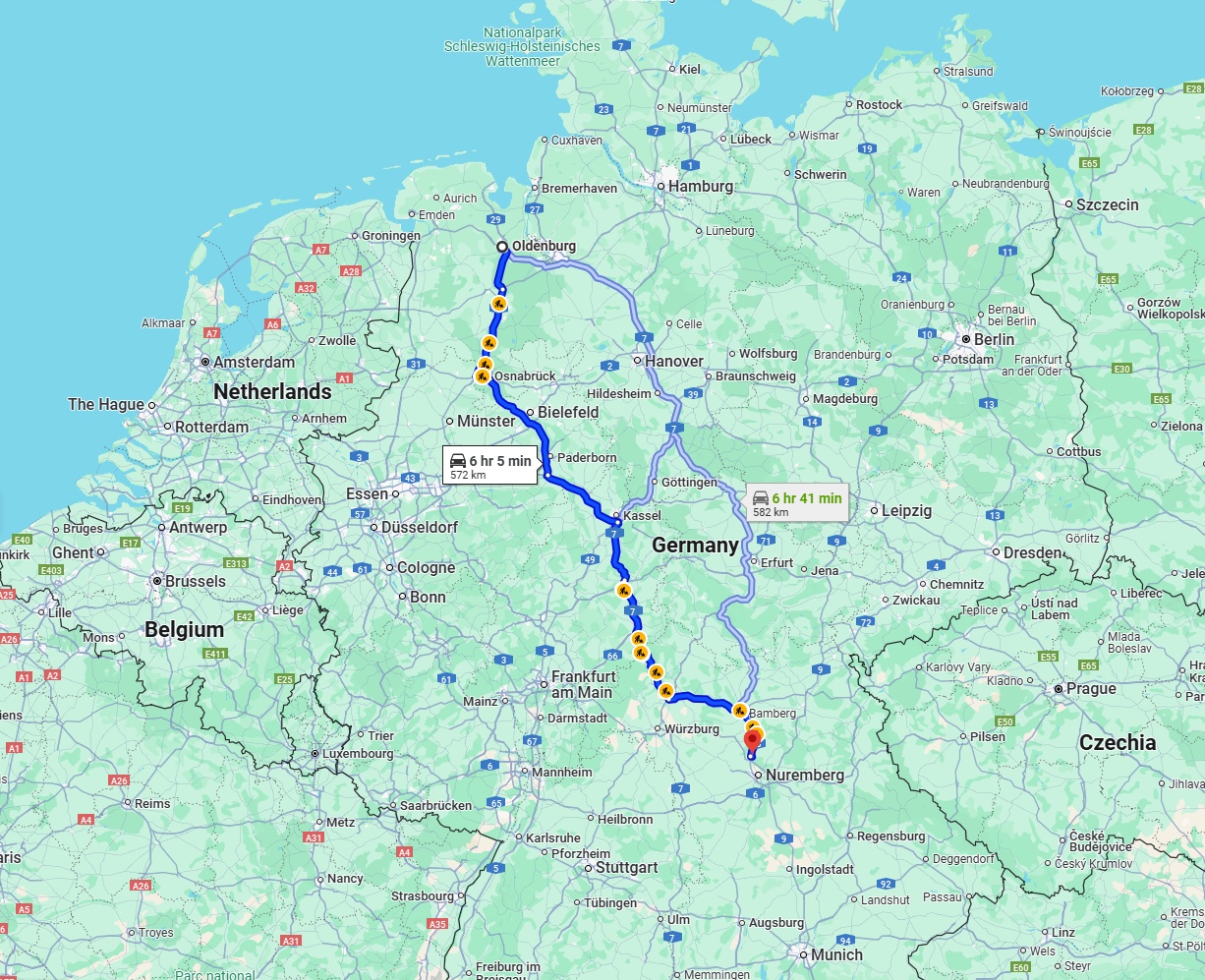 Anreise von Oldenburg Zu Erlangen Über via A7