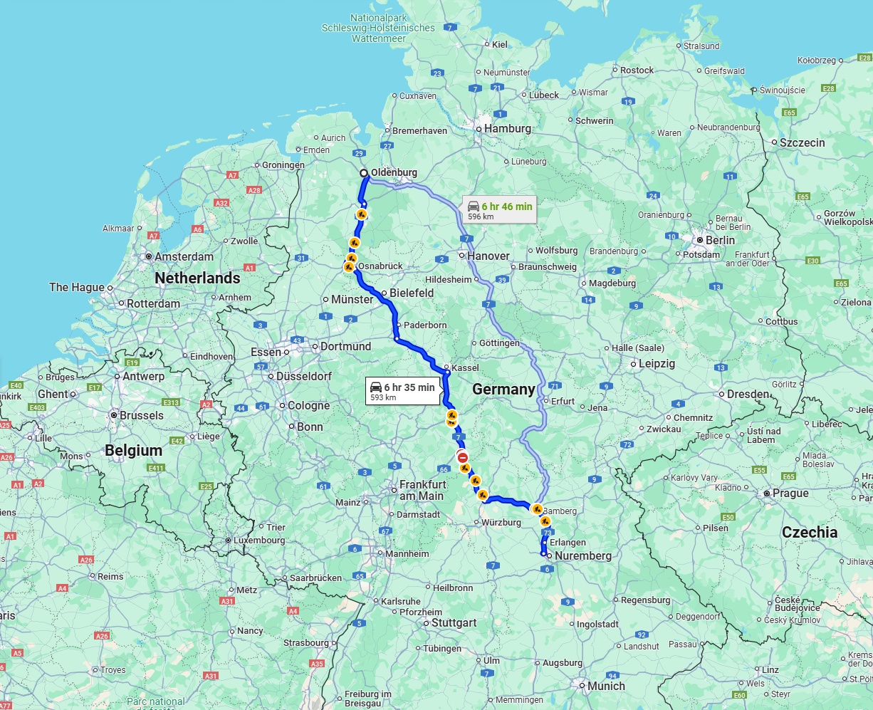 Anreise von Oldenburg Zu Fürth Über via A7