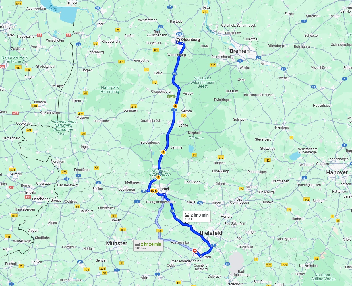 Anreise von Oldenburg Zu Gütersloh Über via A1 and A33