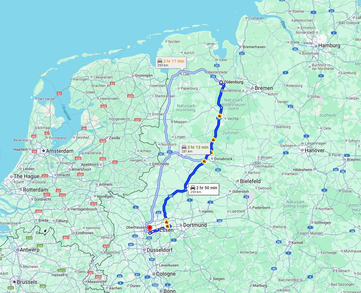 Anreise von Oldenburg Zu Mülheim an der Ruhr Über via A1 and A43