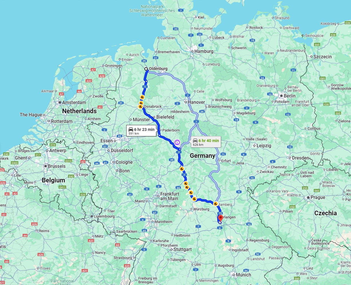 Anreise von Oldenburg Zu Nürnberg Über via A7