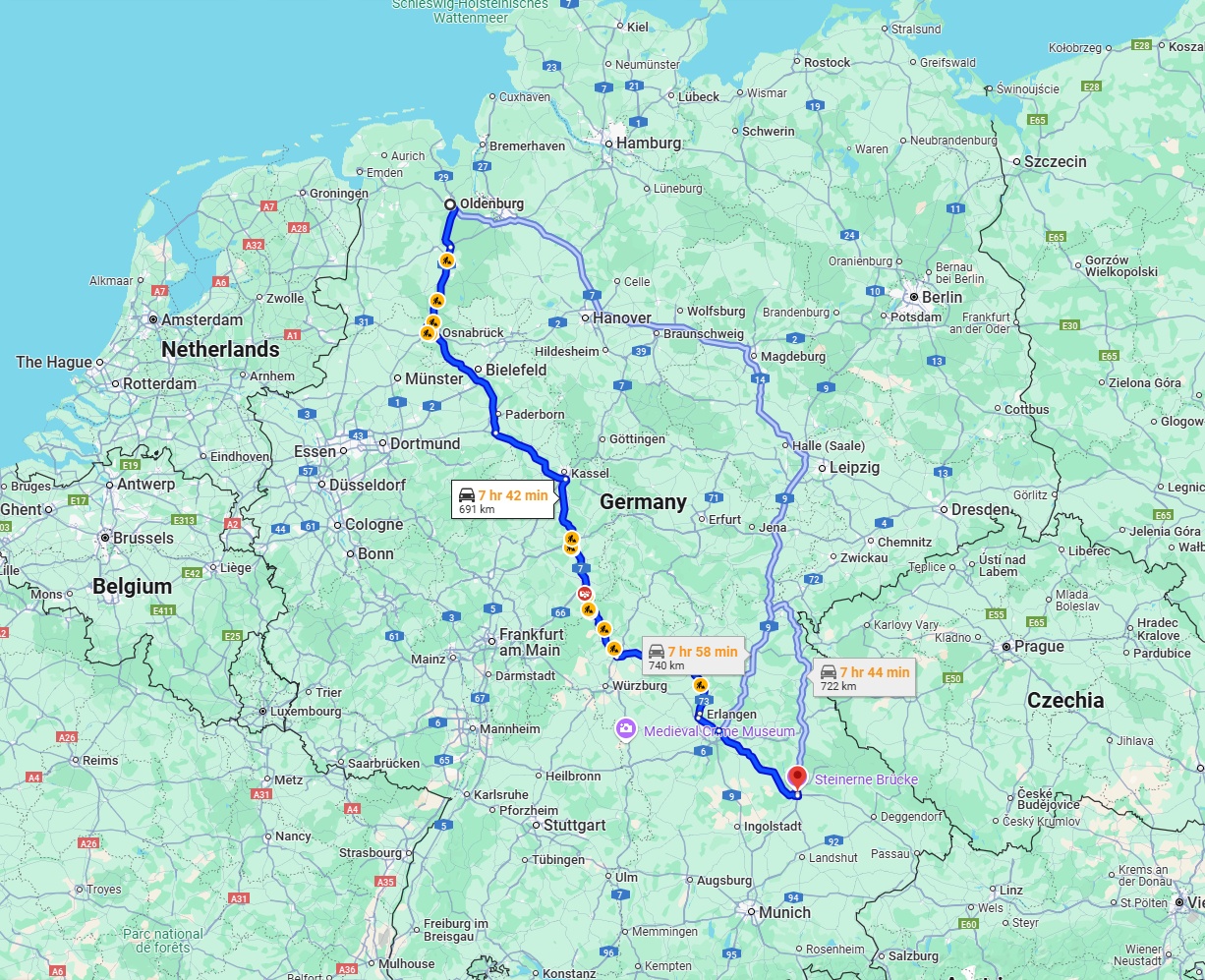 Anreise von Oldenburg Zu Regensburg Über via A7