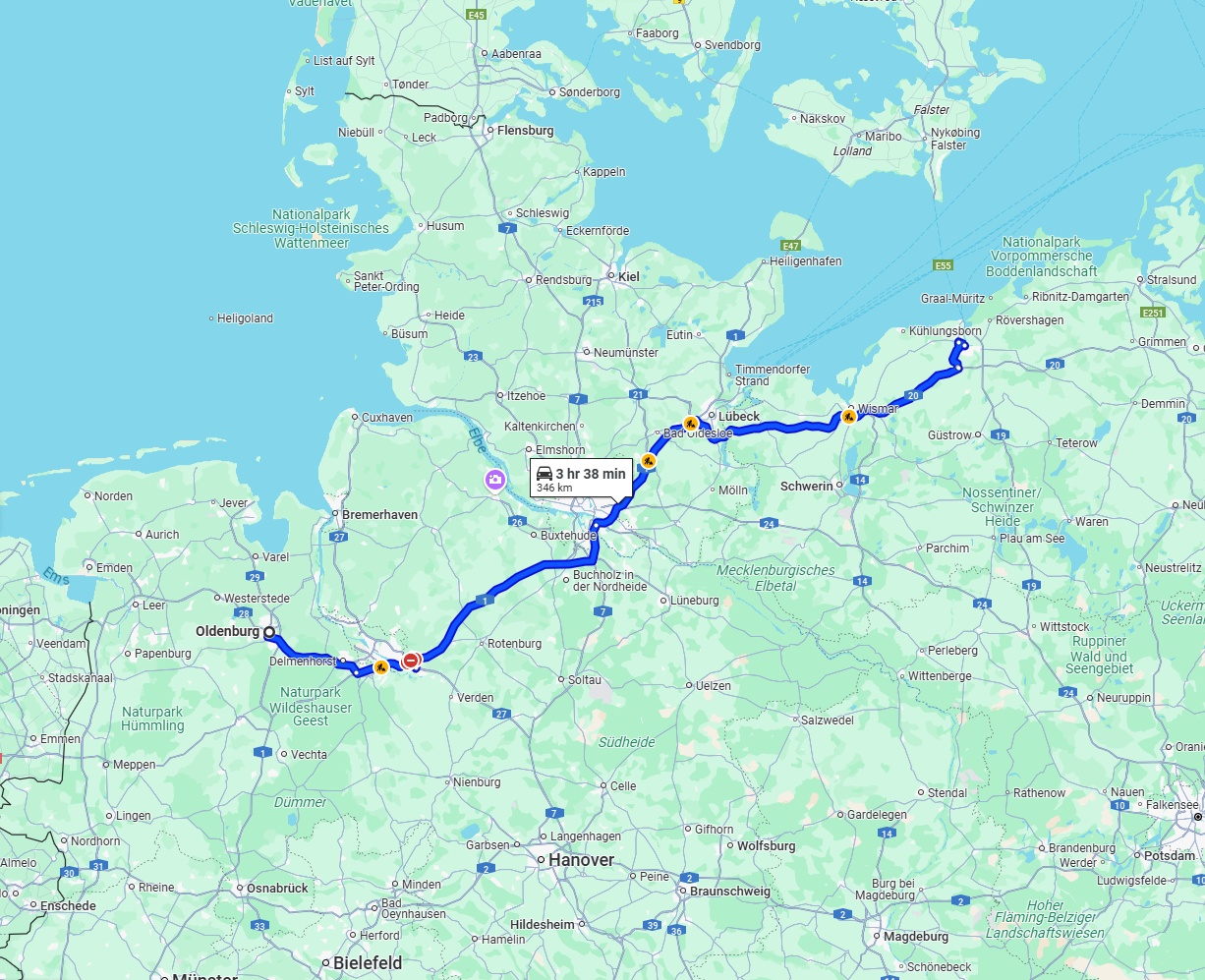 Anreise von Oldenburg Zu Rostock Über via A1 and A20