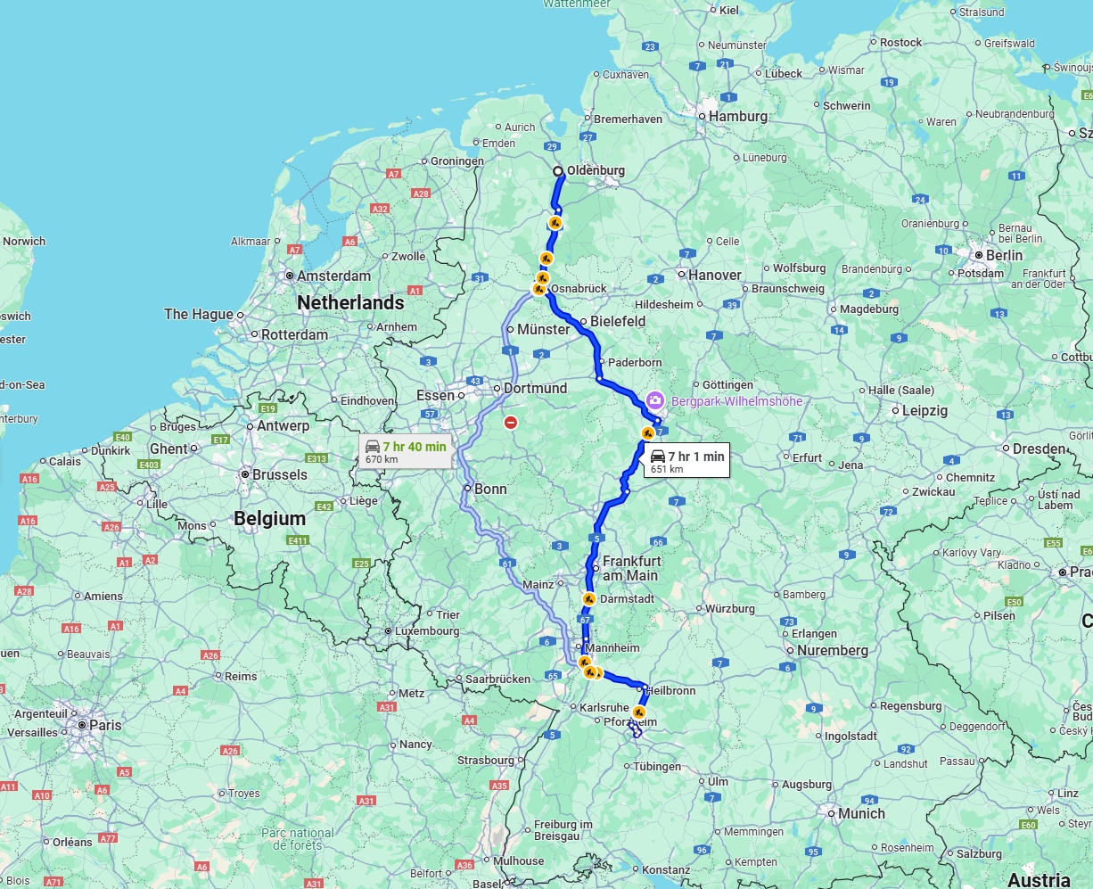 Anreise von Oldenburg Zu Stuttgart Über via A5
