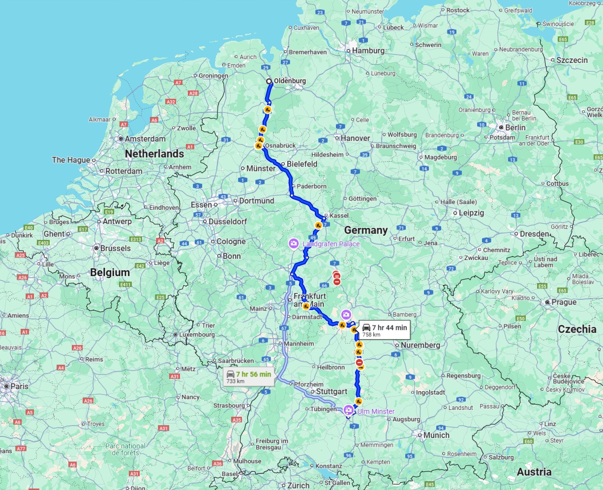 Anreise von Oldenburg Zu Ulm Über via A7