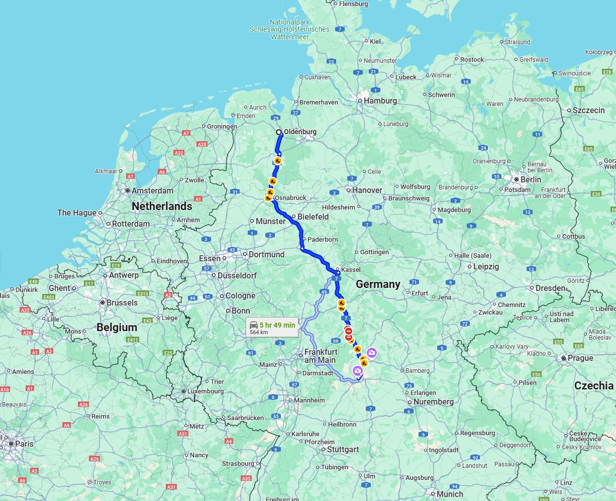 Anreise von Oldenburg Zu Würzburg Über via A7