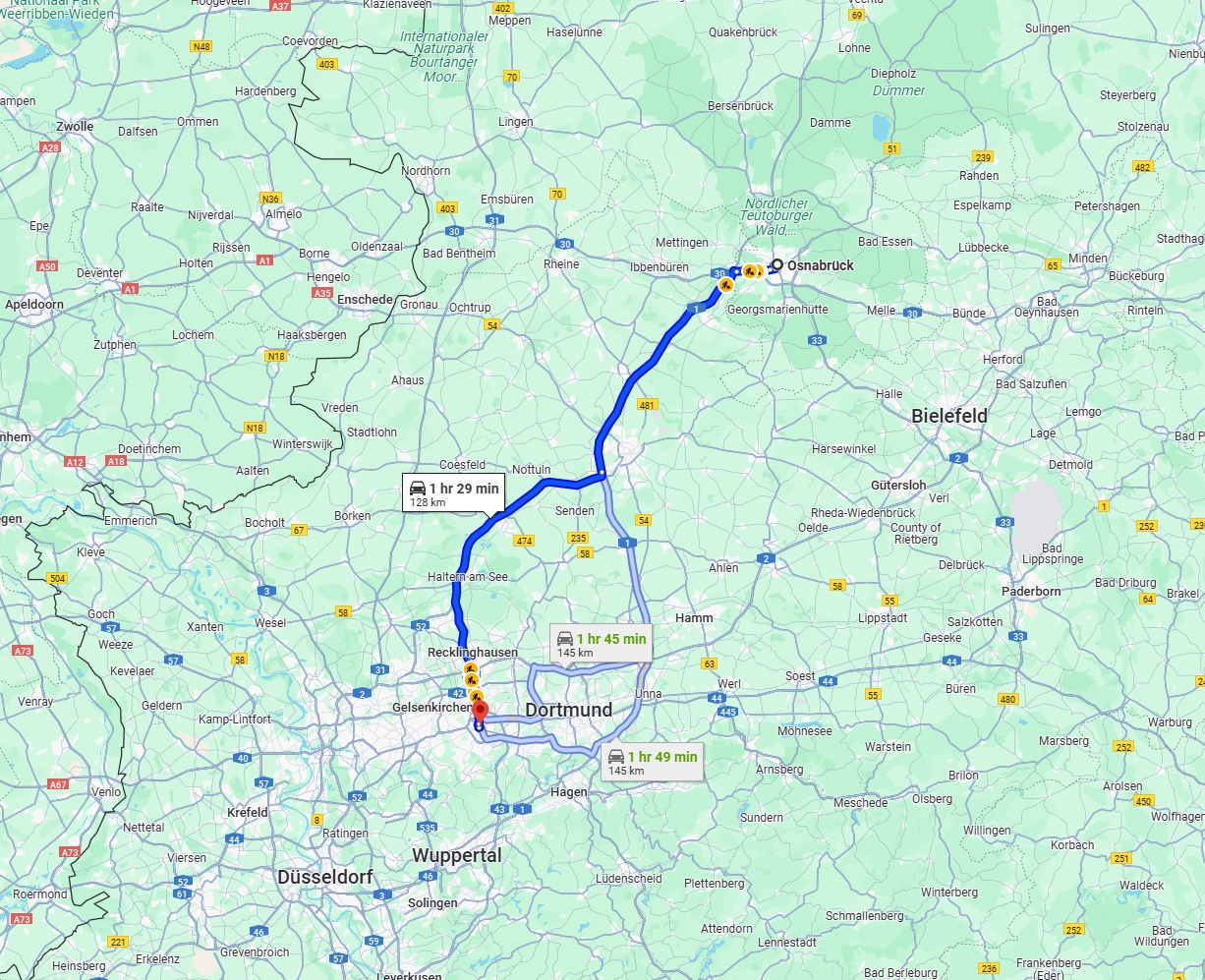 Anreise von Osnabrück Zu Bochum Über via A1 and A43