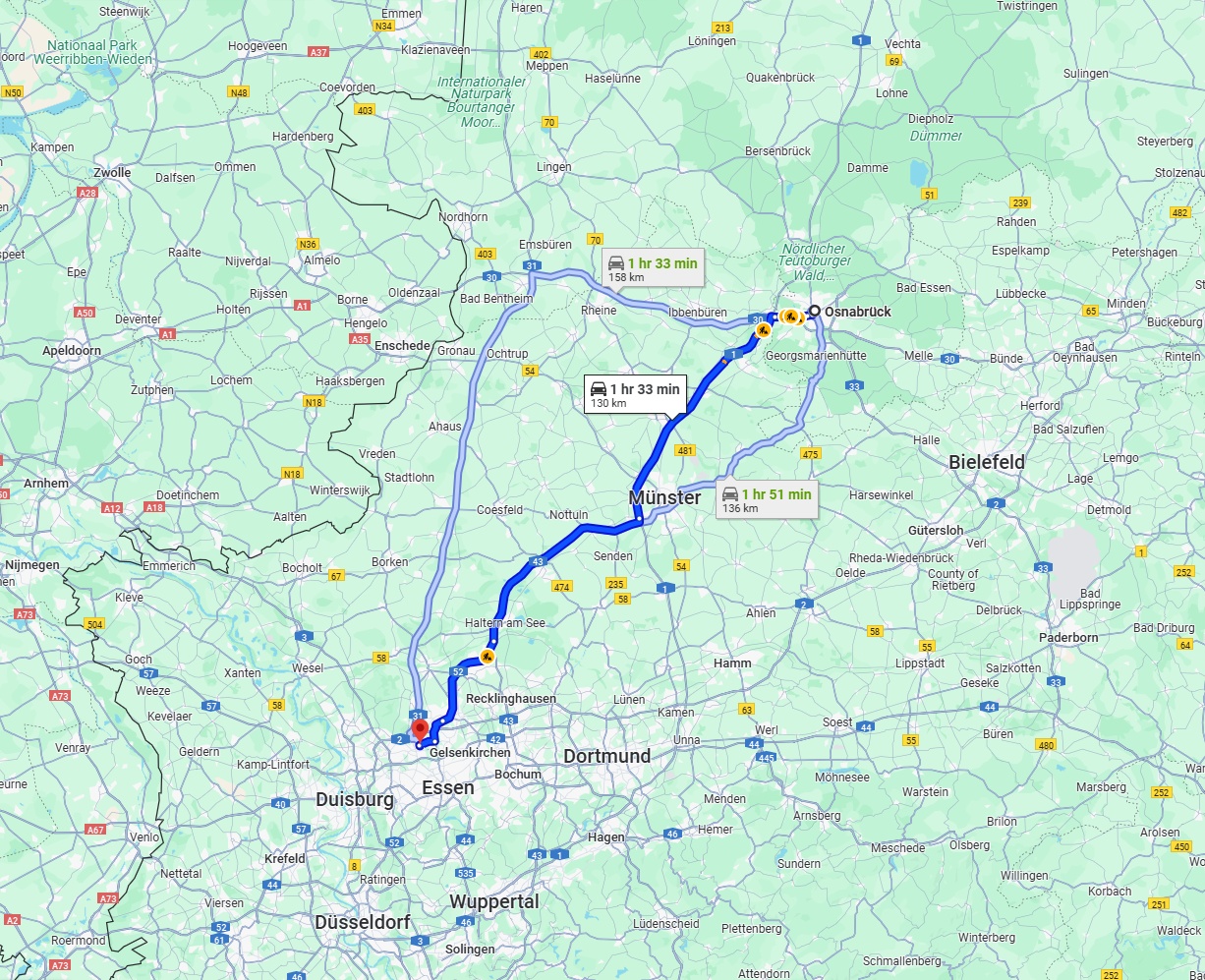 Anreise von Osnabrück Zu Bottrop Über via A1 and A43