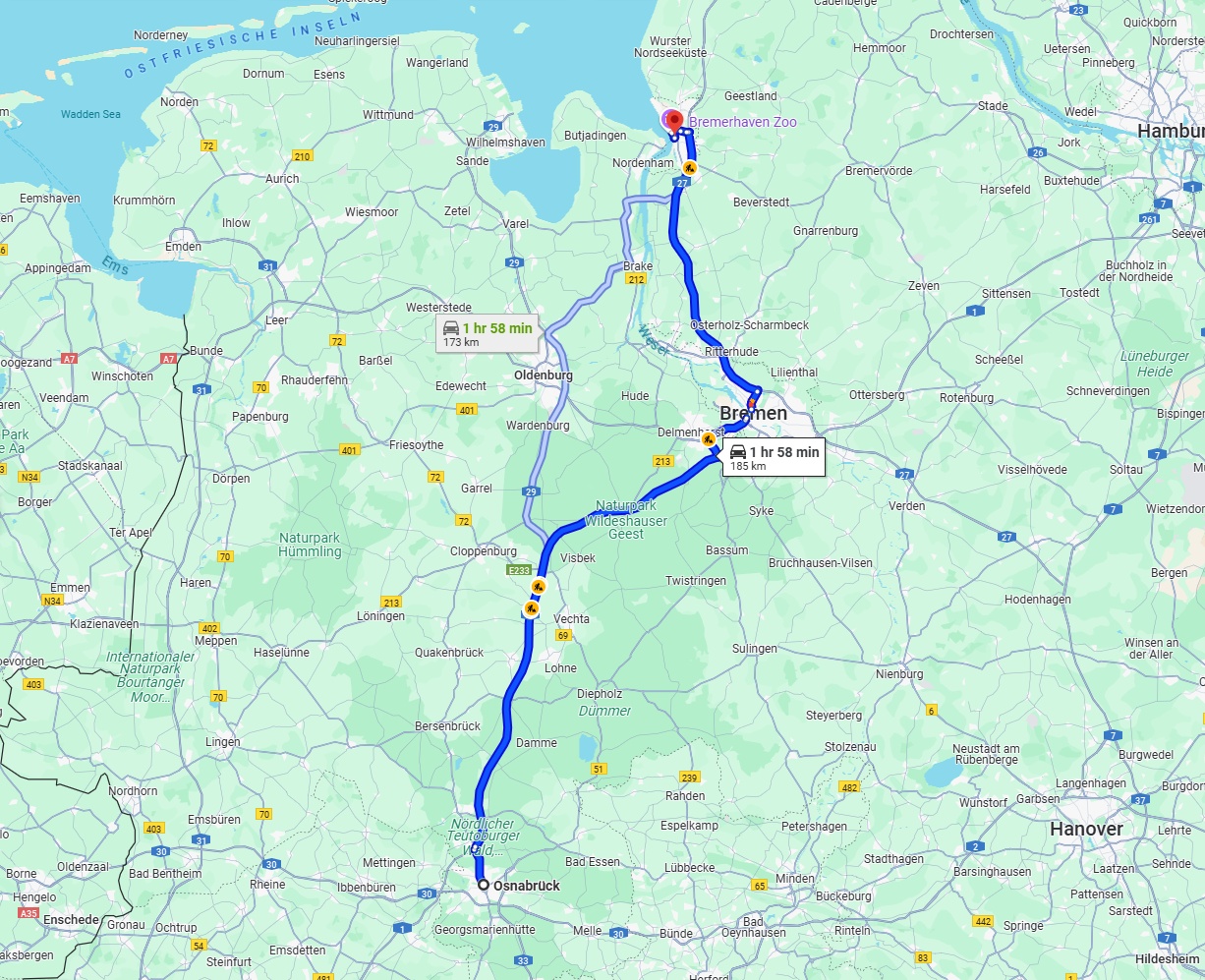 Anreise von Osnabrück Zu Bremerhaven Über via A1 and A27