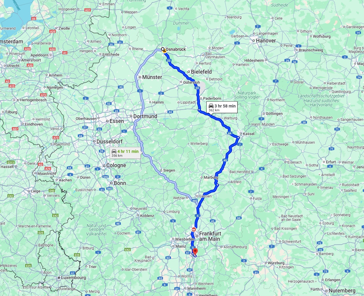 Anreise von Osnabrück Zu Darmstadt Über via A33 and A5