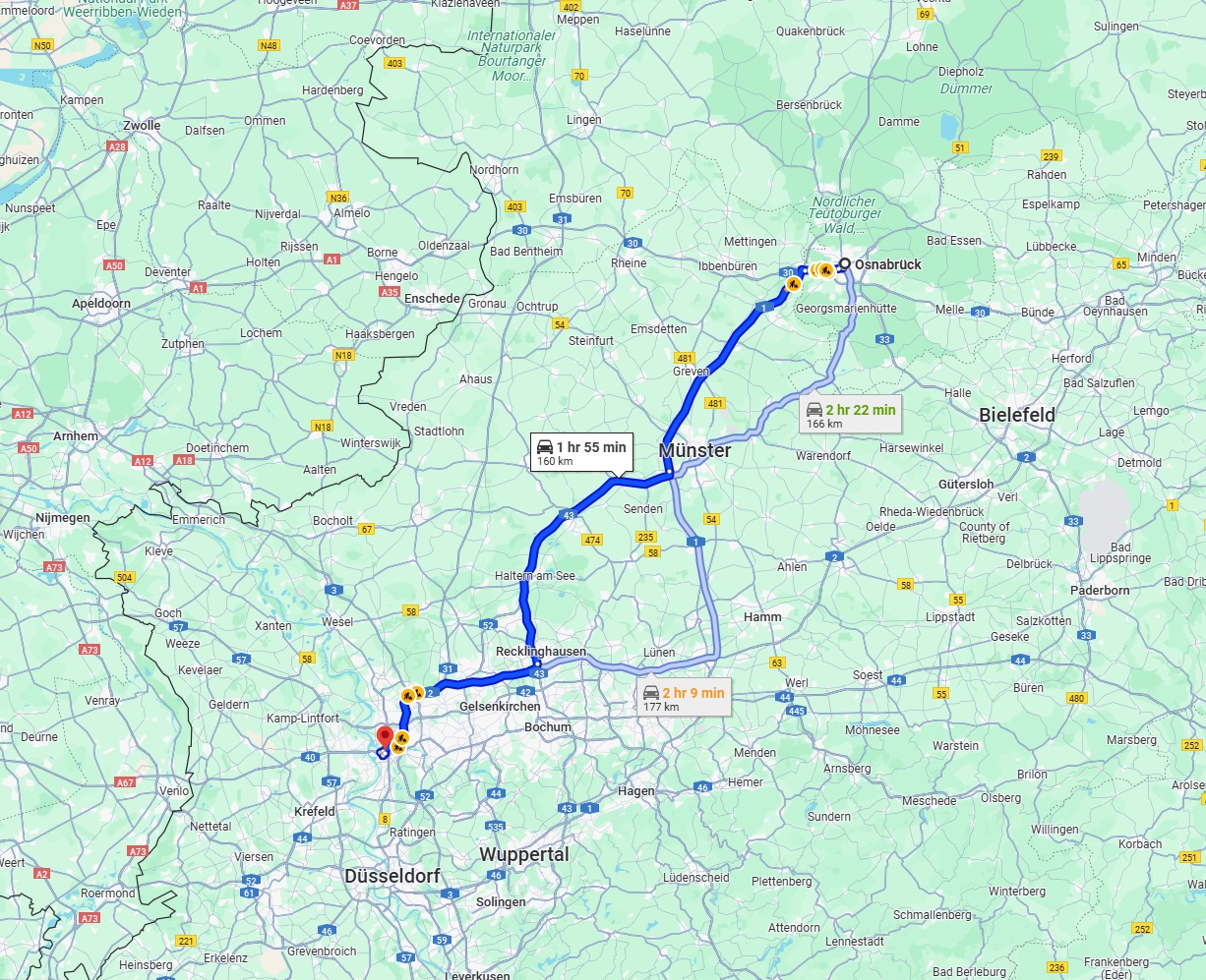 Anreise von Osnabrück Zu Duisburg Über via A1 and A43
