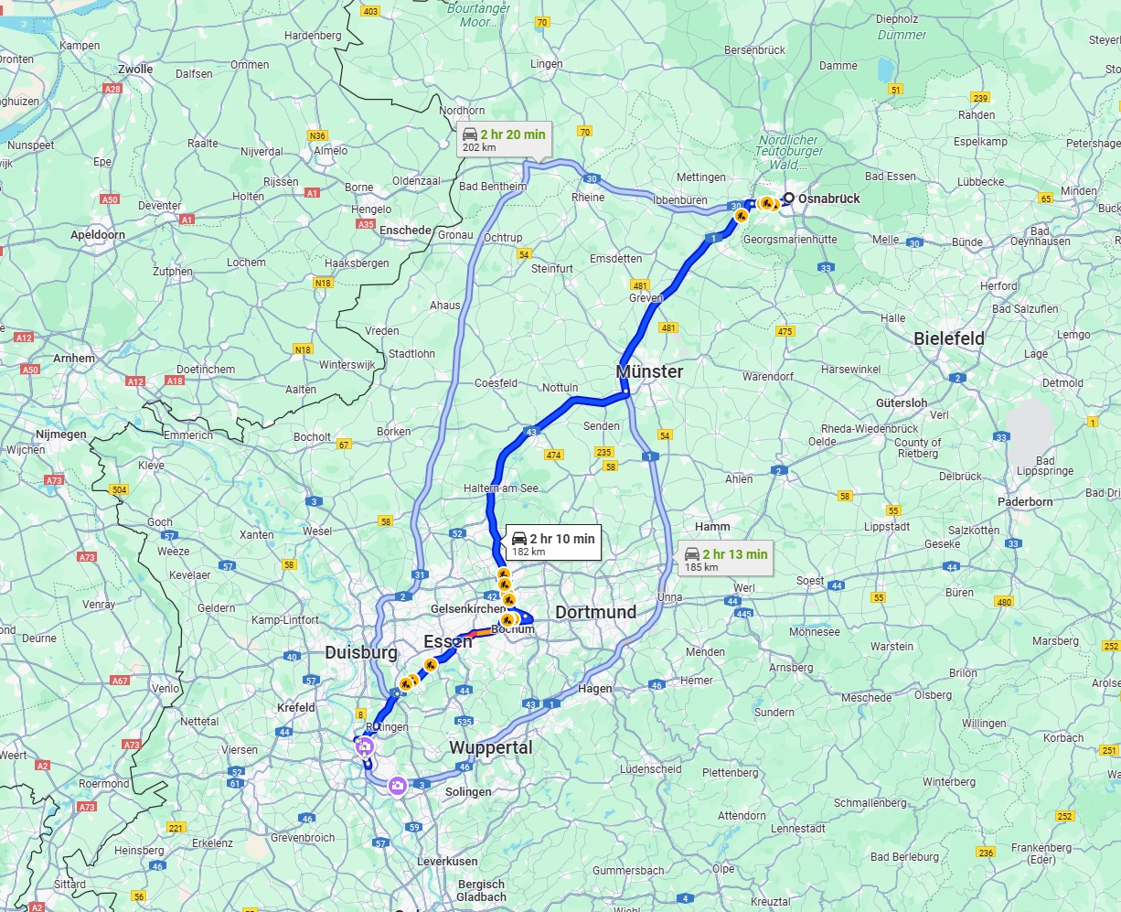Anreise von Osnabrück Zu Düsseldorf Über via A1 and A43