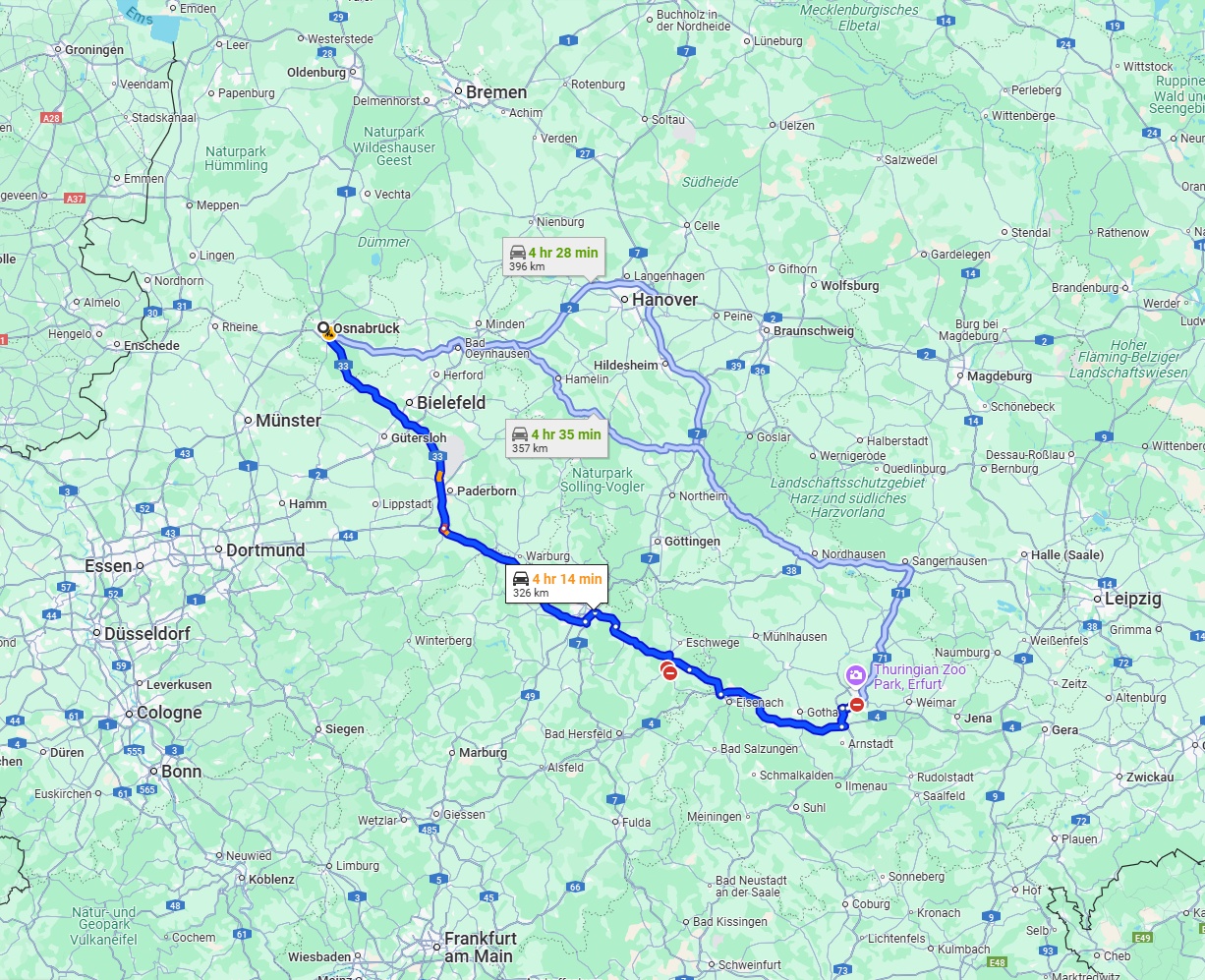 Anreise von Osnabrück Zu Erfurt Über via A33 and A44