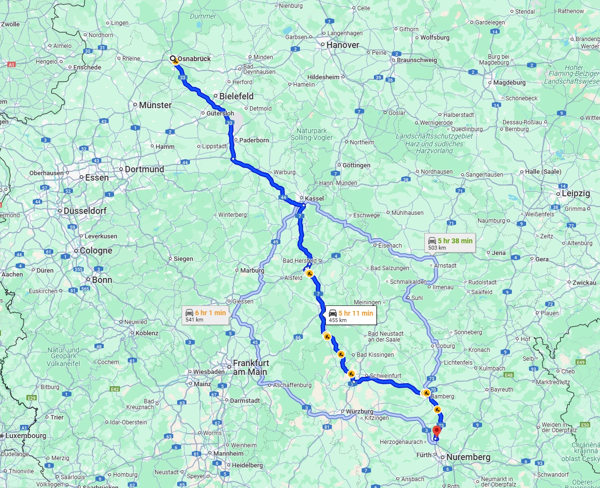 Anreise von Osnabrück Zu Erlangen Über via A7