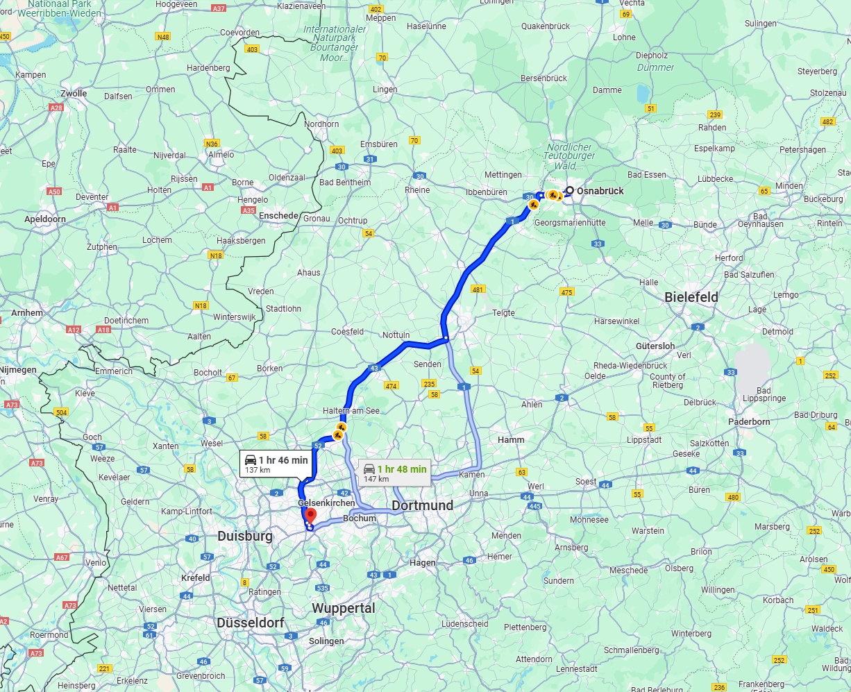 Anreise von Osnabrück Zu Essen Über via A1 and A43