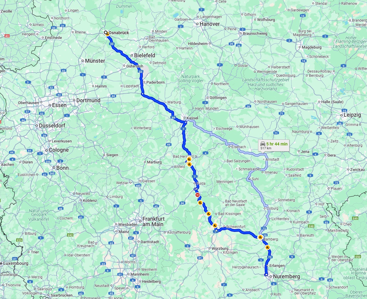 Anreise von Osnabrück Zu Fürth Über via A7
