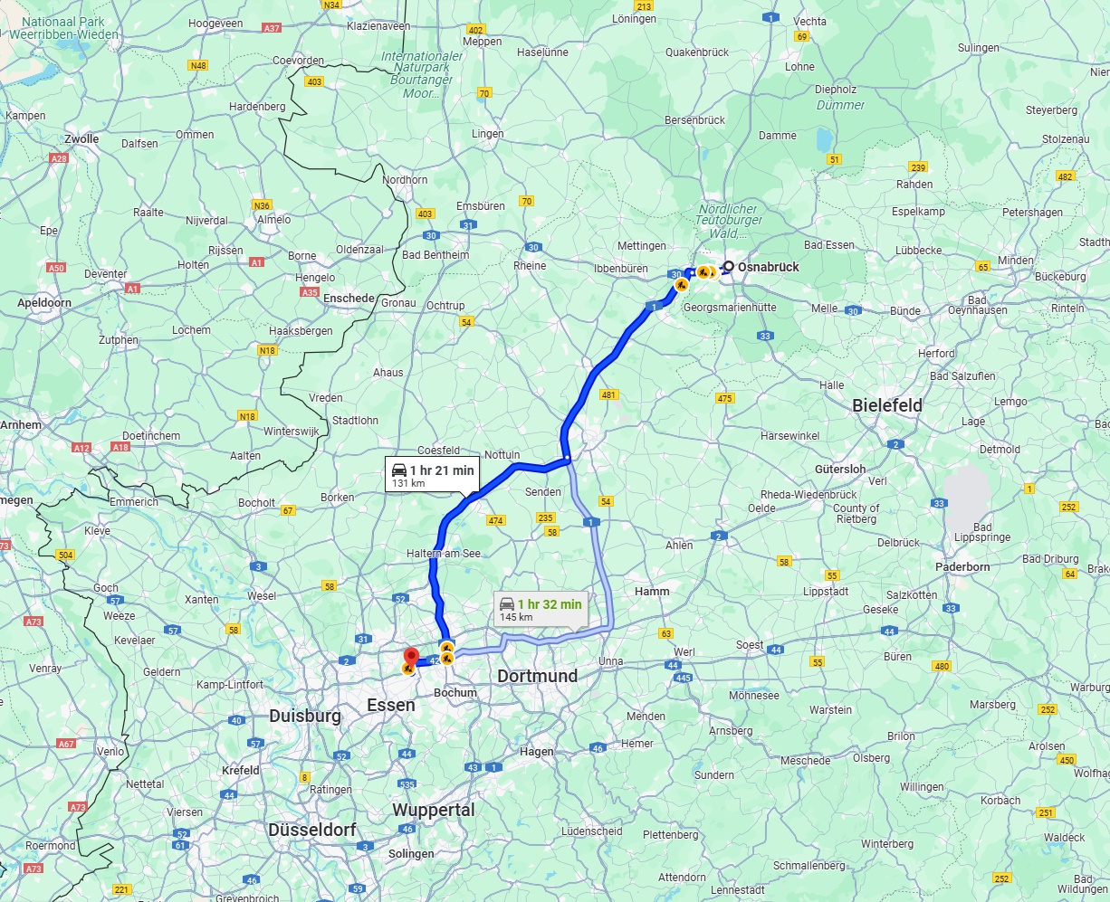 Anreise von Osnabrück Zu Gelsenkirchen Über via A1 and A43
