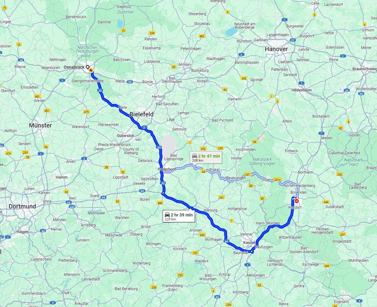 Anreise von Osnabrück Zu Göttingen Über via A33 and A44