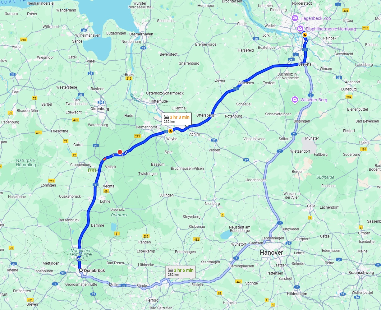 Anreise von Osnabrück Zu Hamburg Über via A1