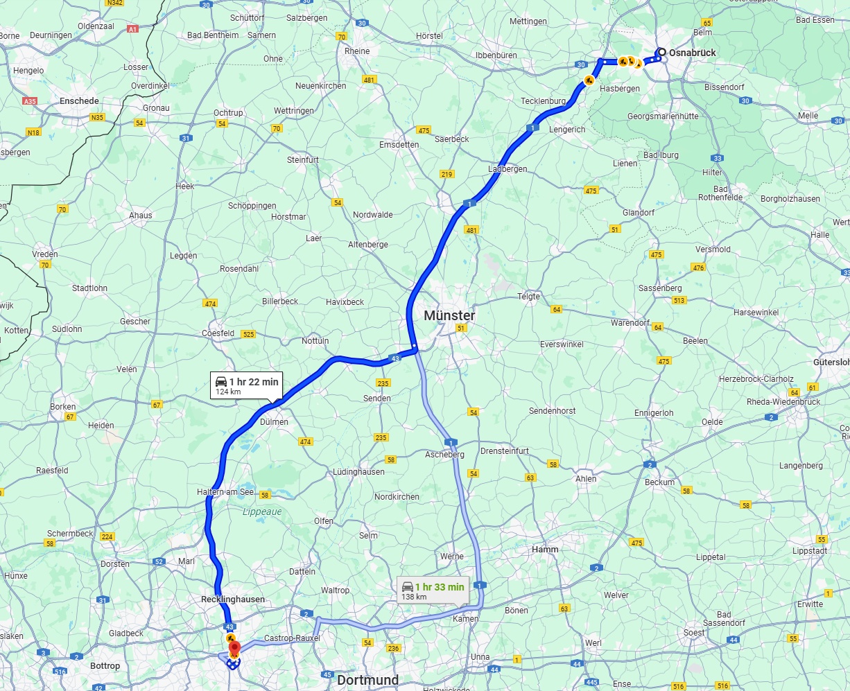 Anreise von Osnabrück Zu Herne Über via A1 and A43