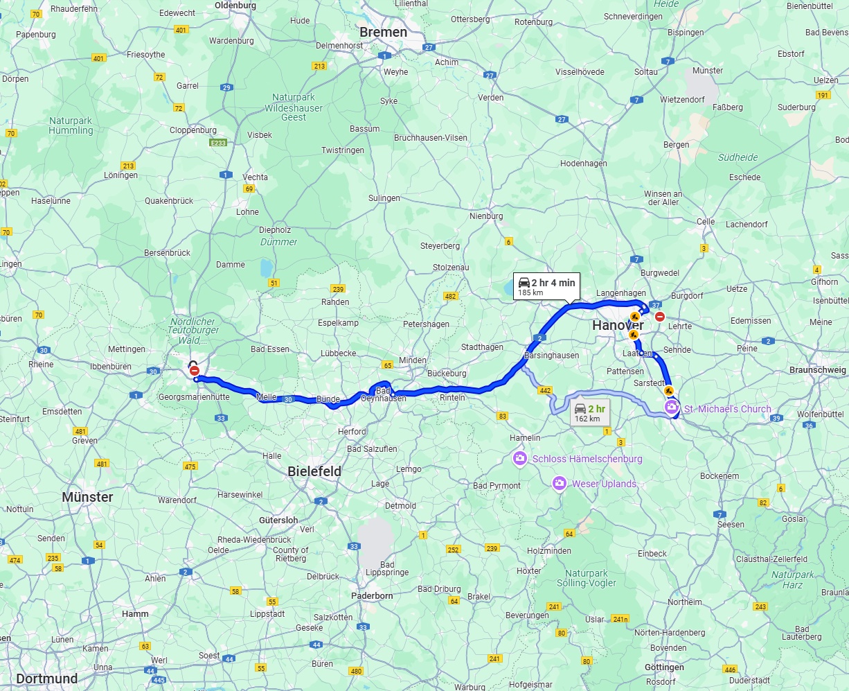 Anreise von Osnabrück Zu Hildesheim Über via A30 and A2