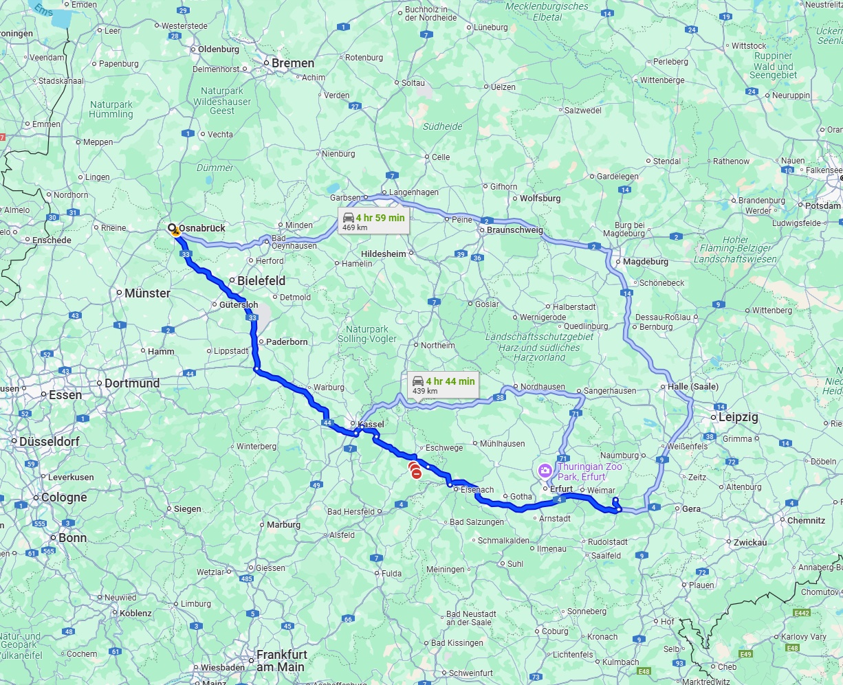 Anreise von Osnabrück Zu Jena Über via A33, A44 and A4