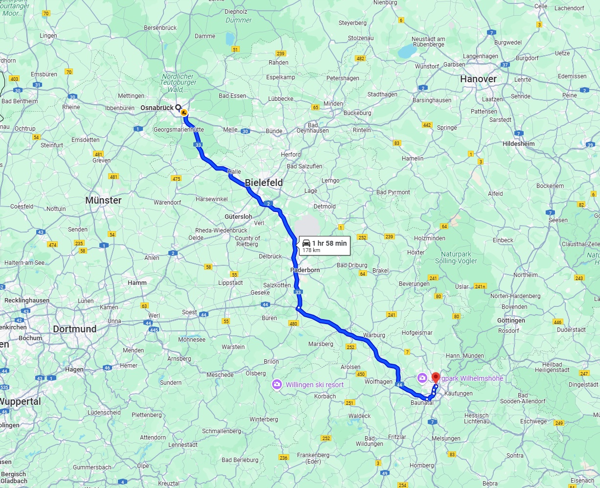 Anreise von Osnabrück Zu Kassel Über via A33 and A44