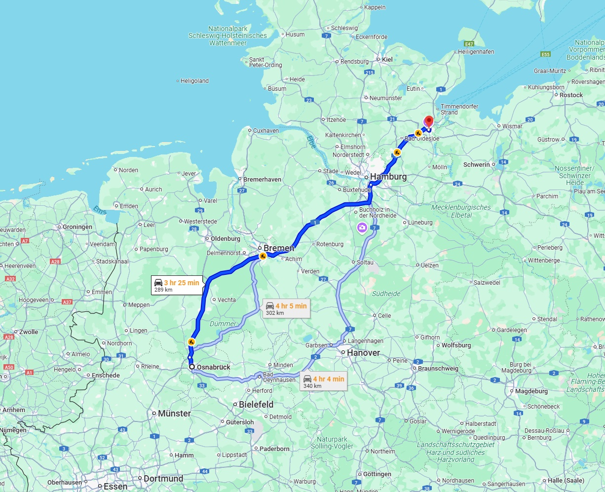 Anreise von Osnabrück Zu Lübeck Über via A1