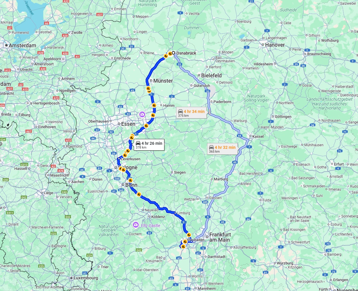 Anreise von Osnabrück Zu Mainz Über via A1 and A3
