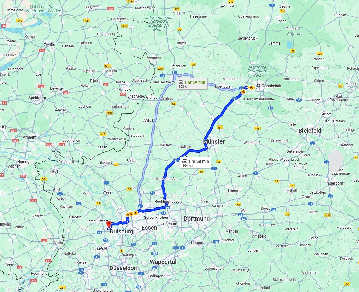 Anreise von Osnabrück Zu Moers Über via A1 and A43