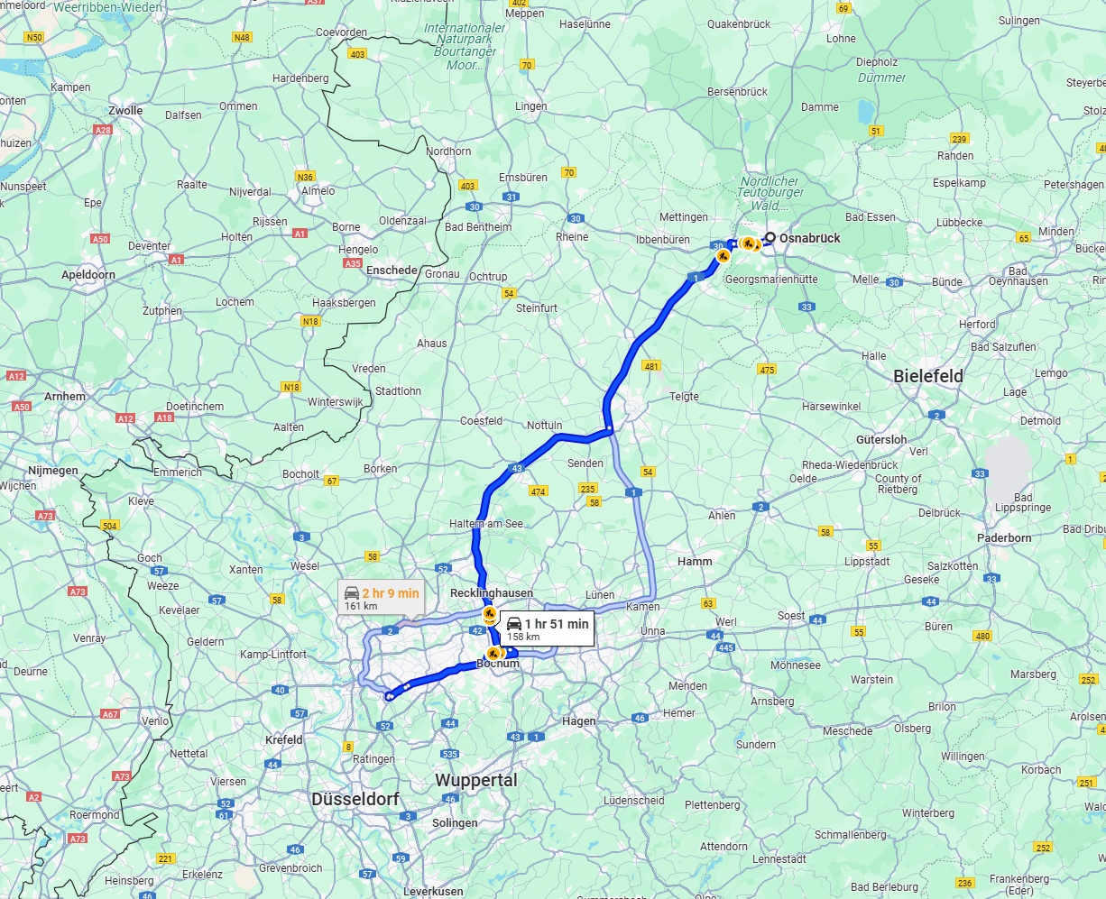 Anreise von Osnabrück Zu Mülheim an der Ruhr Über via A1 and A43