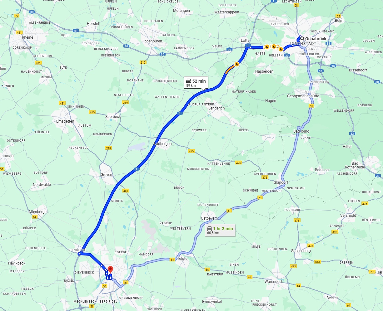 Anreise von Osnabrück Zu Münster Über via A1