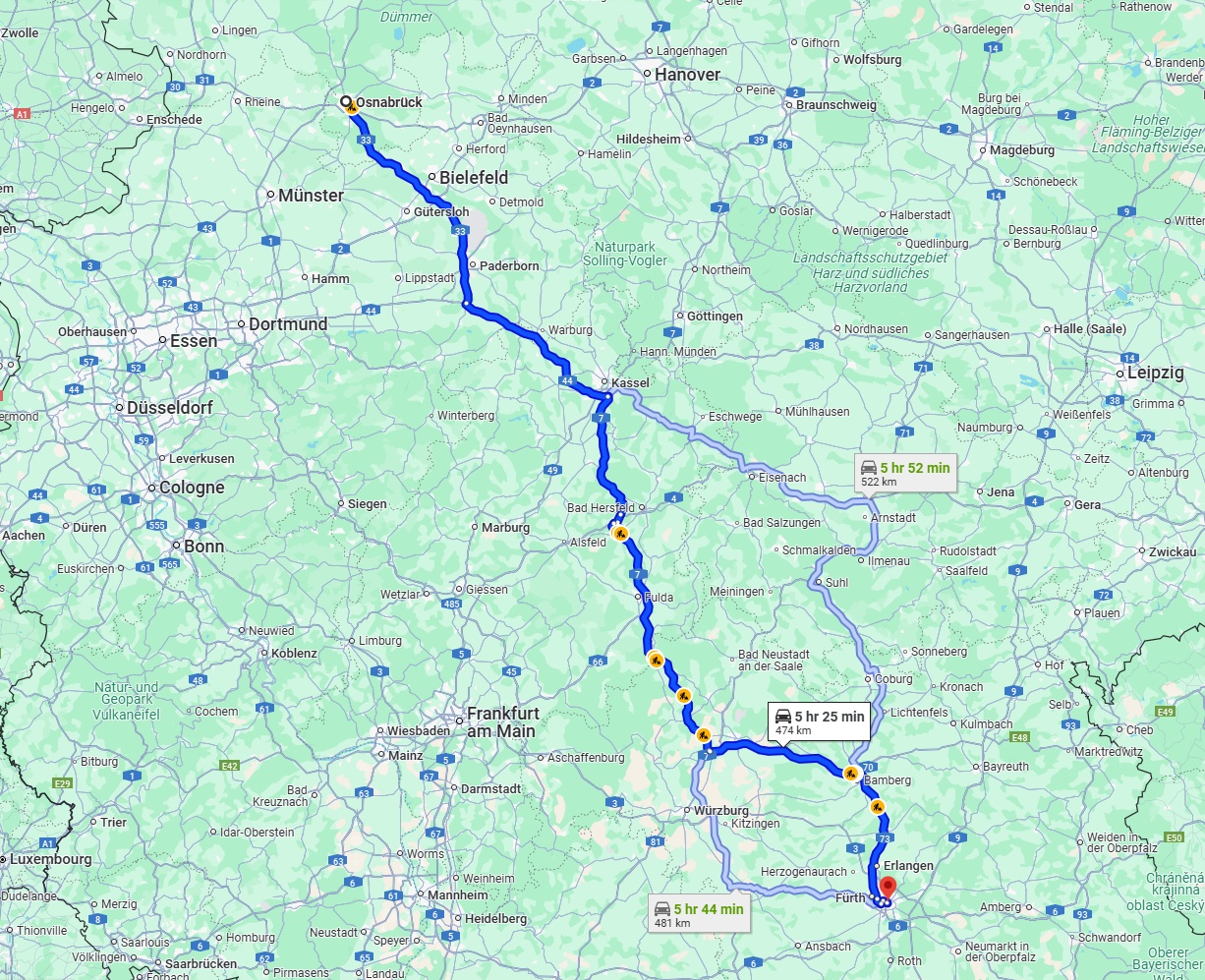 Anreise von Osnabrück Zu Nürnberg Über via A7