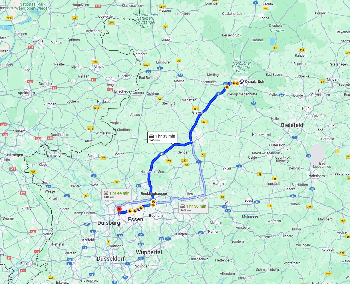 Anreise von Osnabrück Zu Oberhausen Über via A1 and A43