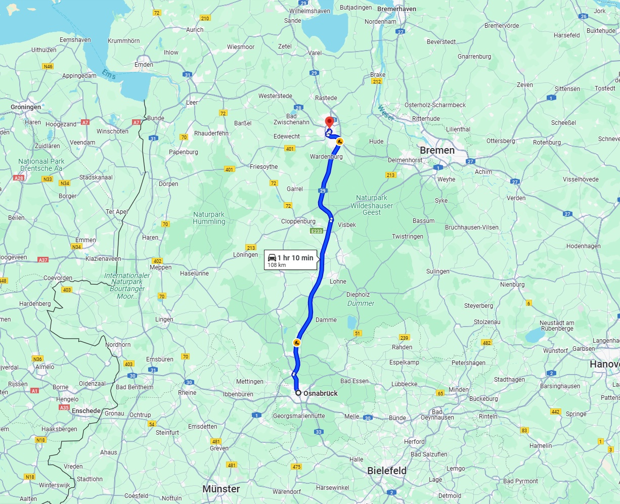 Anreise von Osnabrück Zu Oldenburg Über via A1 and A29