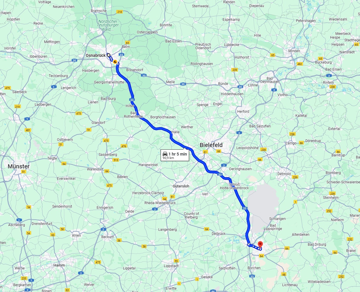 Anreise von Osnabrück Zu Paderborn Über via A33