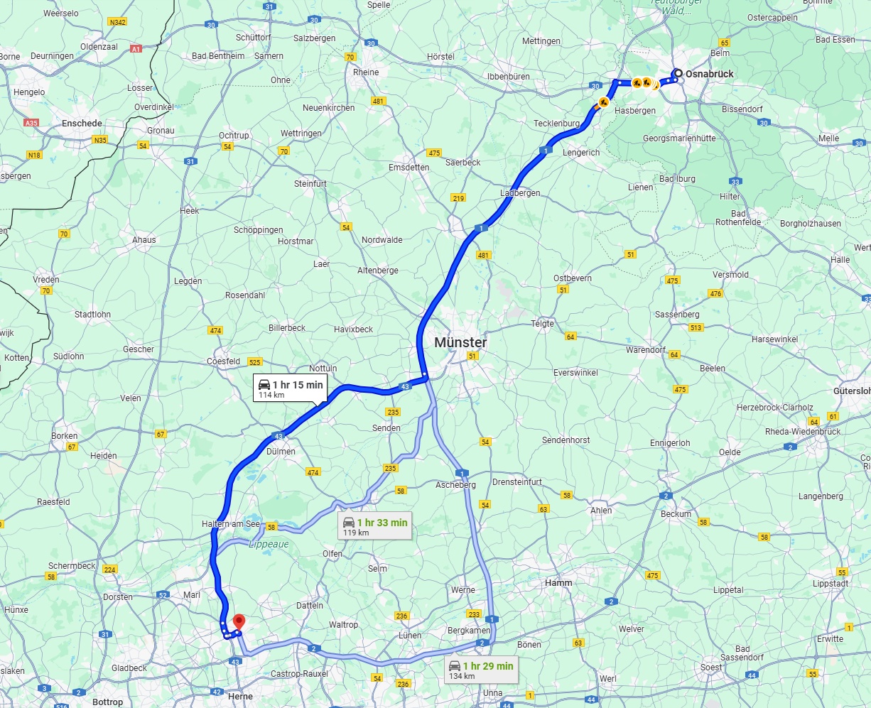 Anreise von Osnabrück Zu Recklinghausen Über via A1 and A43